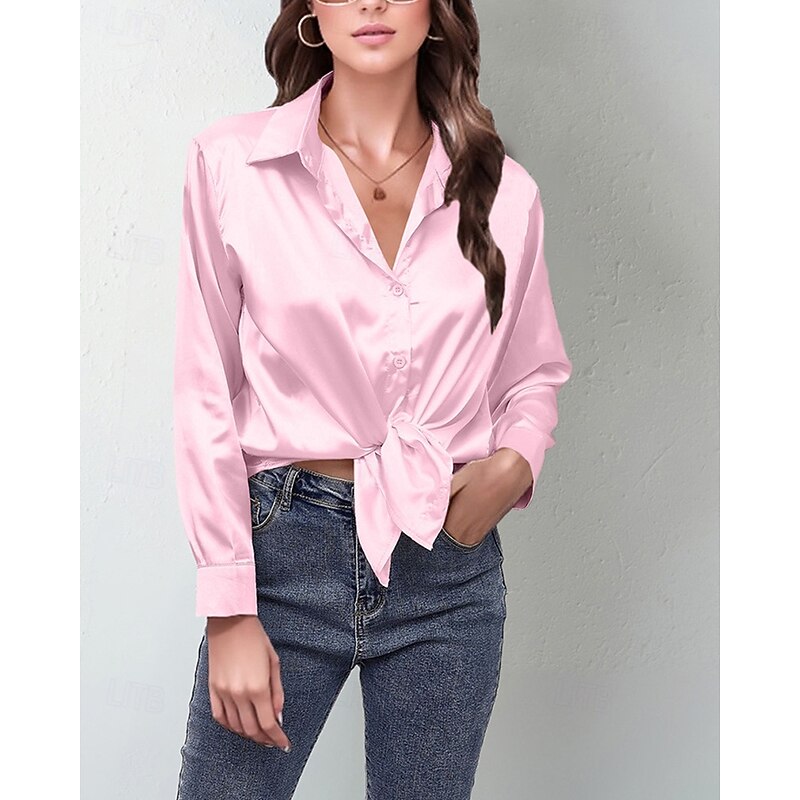 Women's Shirt Elegant Dressy Satin Plain Stylish Casual Long Sleeve Shirt Collar Regular Tops Daily Going out Buttons Black Pink Wine Red Navy Blue Spring Fall