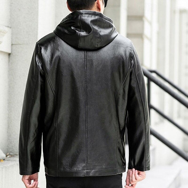 Men's Faux Leather Jacket Biker Jacket Motorcycle Jacket Vacation Daily Windproof Warm Pocket Fall Winter Plain Fashion Classic Hooded Regular Black Jacket2
