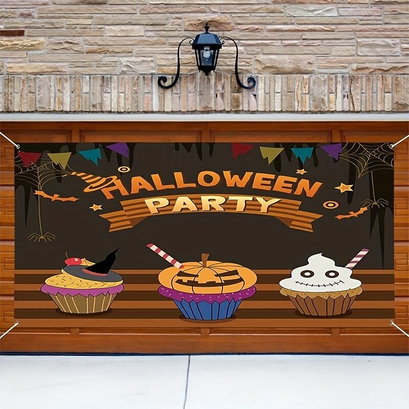Halloween Garage Door Cover Haunted Castle Pumpkin Man Bare Trees HALLOWEEN HAUNT Banner Large Outdoor Backdrop with Grommets Yard Front Porch Wall Decorations3