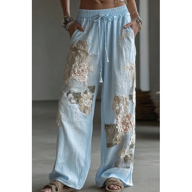 Women's Culottes Wide Leg Wide Leg Vacation Vintage Ethnic Style Full Length High Waist Floral Graphic Quick Dry Breathability Soft Inelastic Formal Outdoor Vacation White Pink Blue Beige Fall Loose