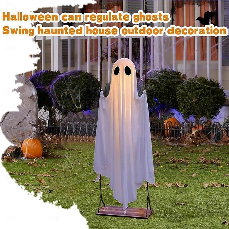 Halloween Swinging Ghost Decorations Outdoor 5.9FT Large Hanging Ghost Swing with Remote Control String Lights Spooky Cute Ghosts Decorations for Tree Porch Yard Garden Lawn4