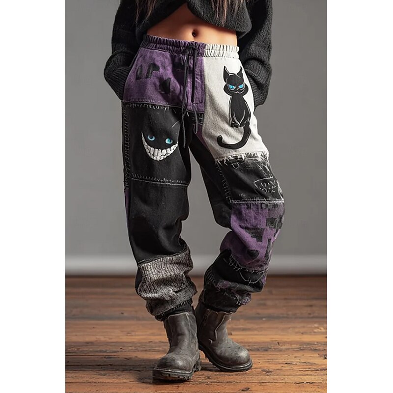 Halloween Cat Women's Culottes Wide Leg Jogging Pants Vacation Vintage Ethnic Style Full Length High WaistPants Drawstring Patchwork Printing Quick Dry Breathability Soft Inelastic Formal Outdoor