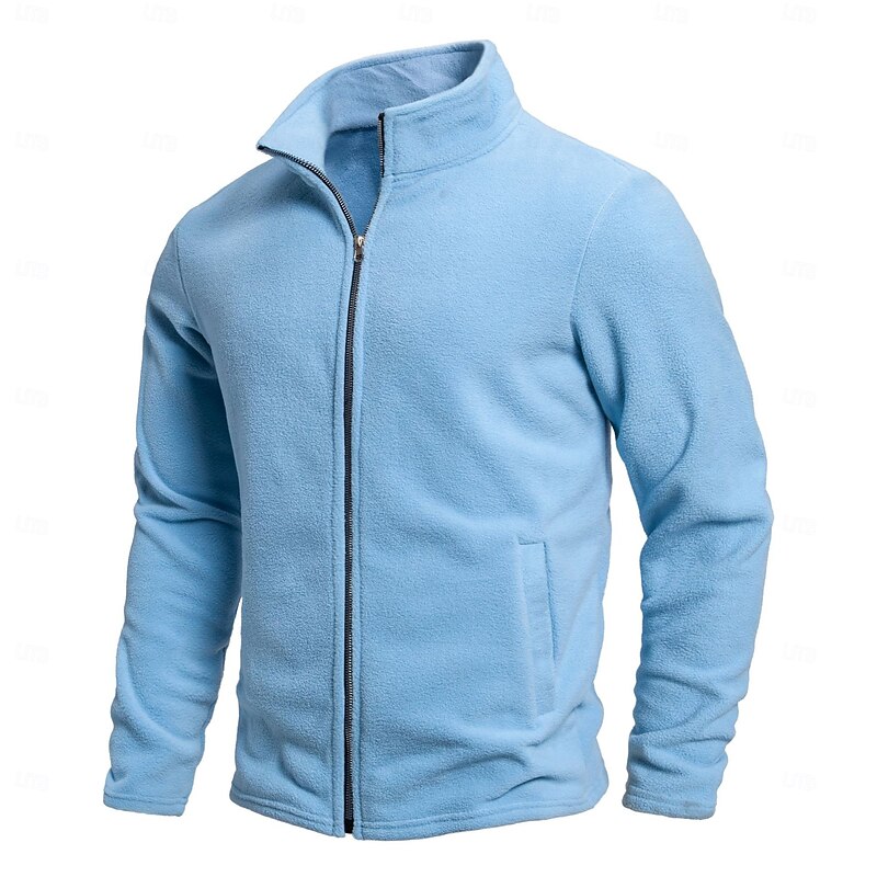 Men's Fleece Jacket Formal Home Thermal Warm Pocket Plain Fall Solid Color Active Neutral High Neck Regular Blue Green Beige Gray Jacket2