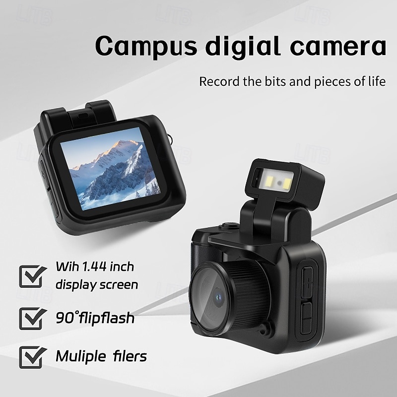 HD 1080P retro mini digital camera for students portable keychain with flash and mobile battery compartment for photo and video recording.