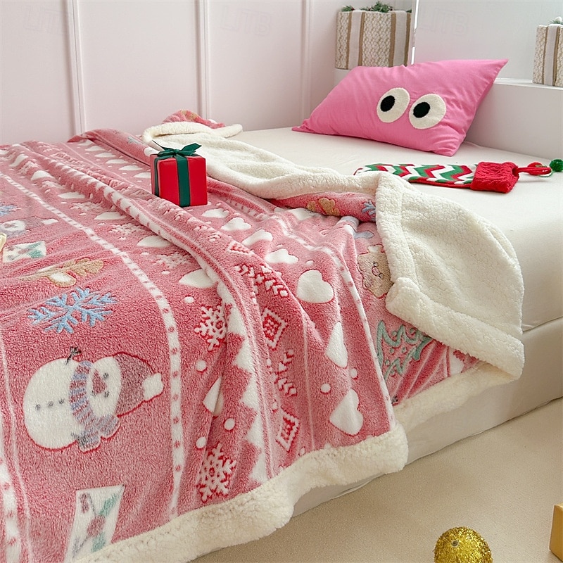 Christmas Snowflake Sherpa Fleece Blanket, Thick Warm Layered Throw, Gift Cozy Blanket for Sofa & Bed, Holiday Home Decor