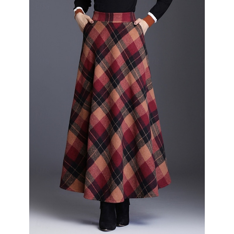 Women's Skirt A Line Elegant Fashion Maxi High Waist Skirts Plaid Pocket Print Micro-elastic Christmas Street Red Blue Green Khaki Spring Polyester2
