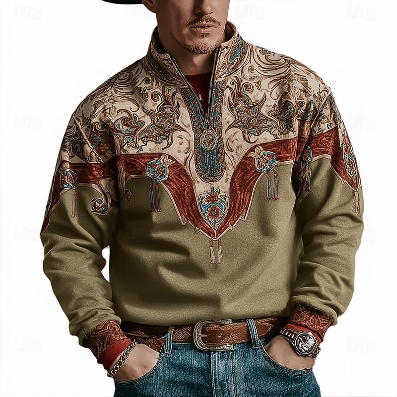 Men's Tribal Cowboy Sweatshirt Ethnic Vintage Retro Stand Collar Outdoor Work Gift Brown Khaki Zipper Fall Winter Designer2
