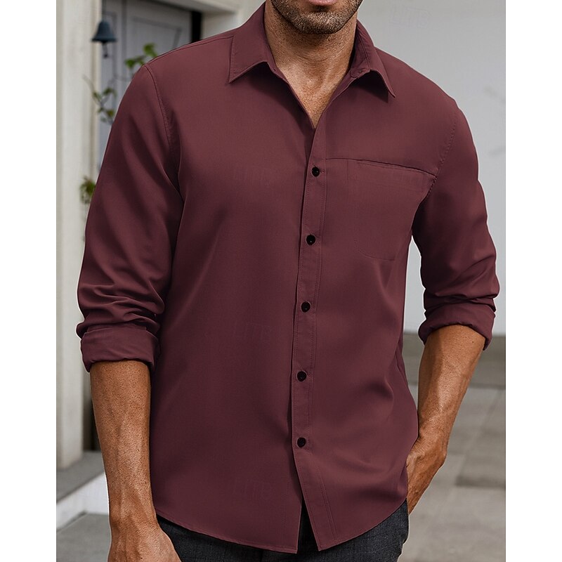 Men's Shirt Summer Shirt Casual Shirt Beach Shirt Button Up Shirt White Wine Army Green Long Sleeve Plain Lapel Vacation Hawaiian Clothing Apparel Polyester Fashion Casual Comfortable3