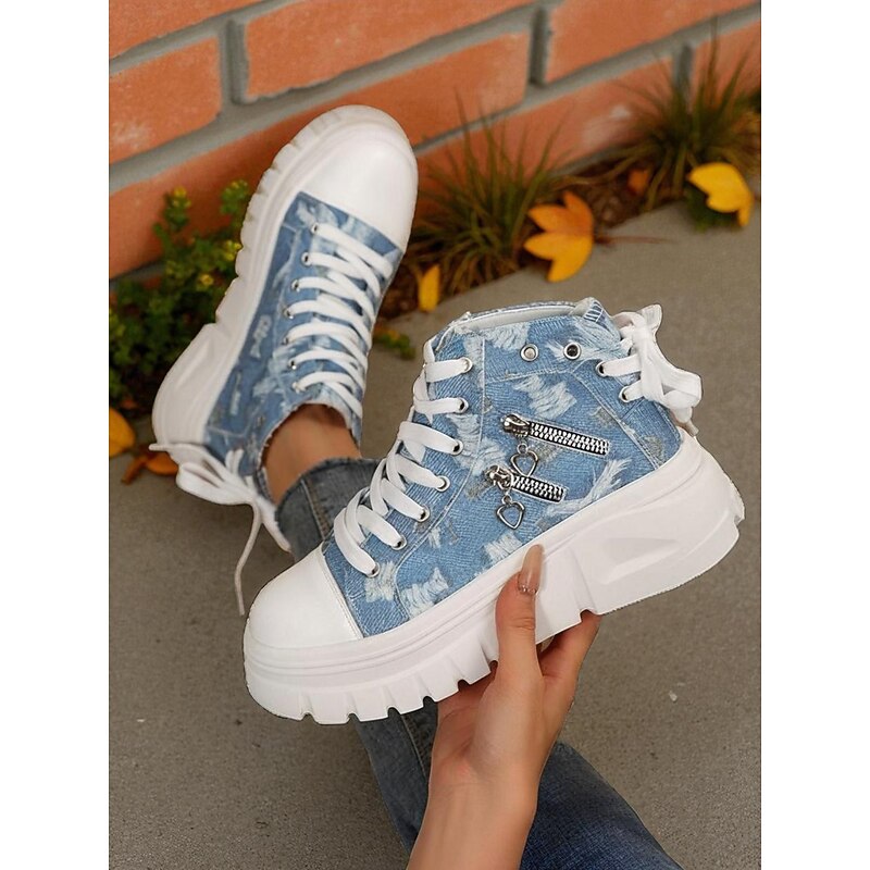Women's Blue High Top Sneakers with Platform Sole and Zipper Accents – Trendy Casual Streetwear Shoes3