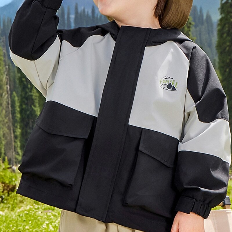 Kids Boys' Hiking Jacket Outdoor Jacket Outerwear Color Block Long Sleeve Zipper Pocket Comfort Waterproof Windproof Coat Outdoor Fashion Daily Black Spring Fall 4 years+2