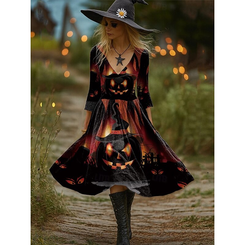 Halloween Women's Witch Print Midi Dress A Line Dress Vacation Party Casual Party Regular Fit Graphic Pumpkin Long Sleeve V Neck Black Purple Orange Brown Spring Fall2