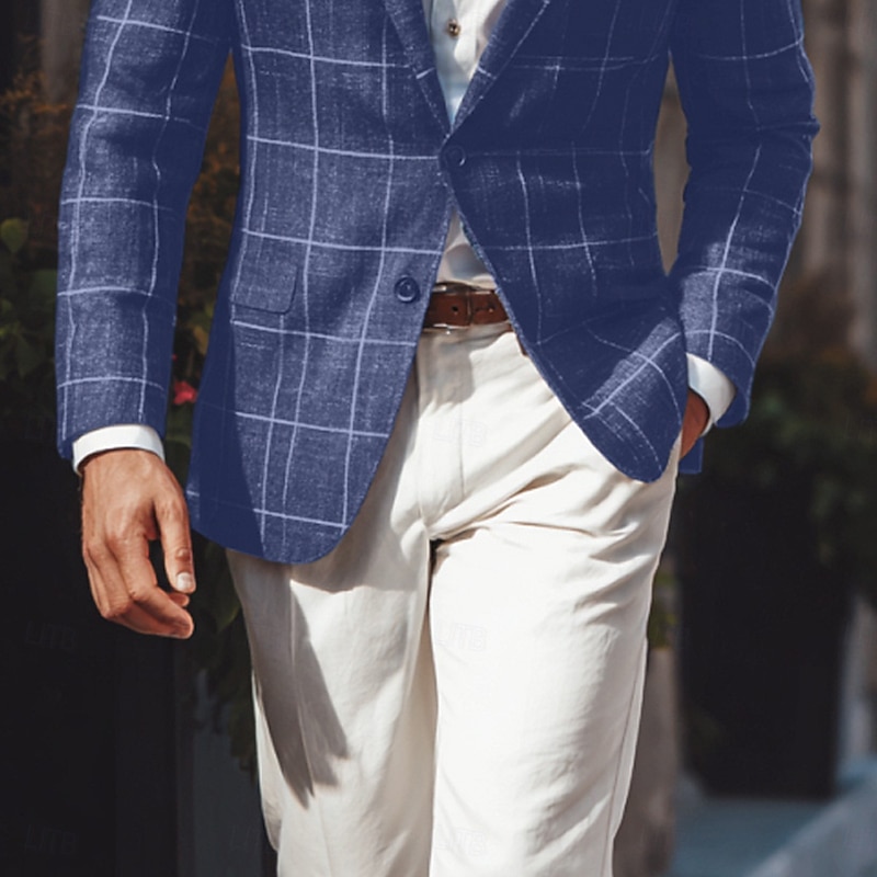 Men Plaid Suit Formal Chic & Modern All Seasons Polyester Plaid Classic Single Breasted Two-button Blazer Blue3