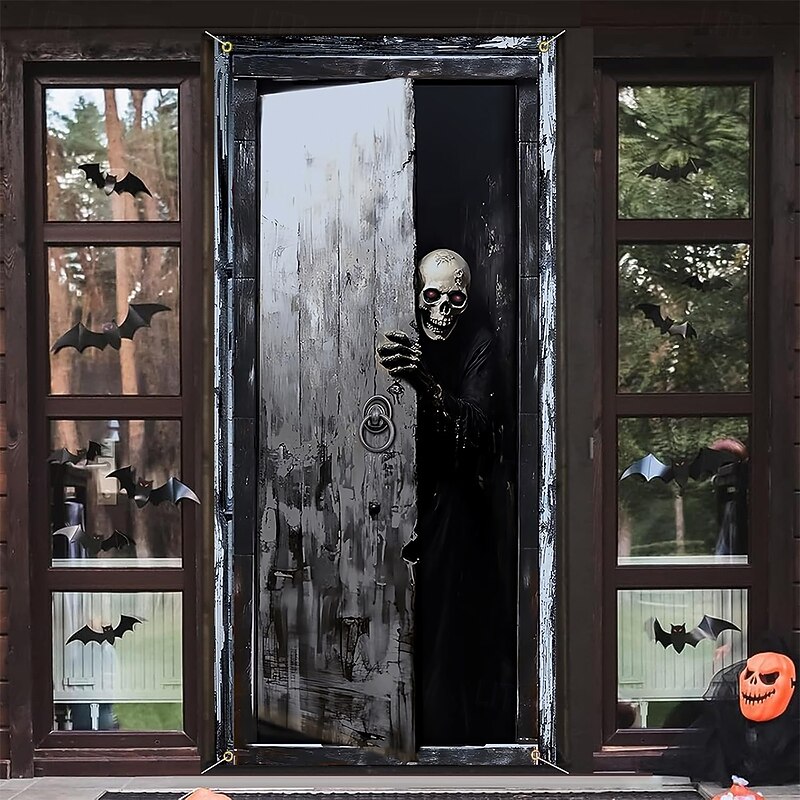 Halloween Tapestry Door Cover Outdoor Banners Skeleton 3D Dark Punk Gothic Style Party Dorm Teens Room College Dorm Guys Man Cave Frat Bedroom Shooting Backgrounds Home Decor2