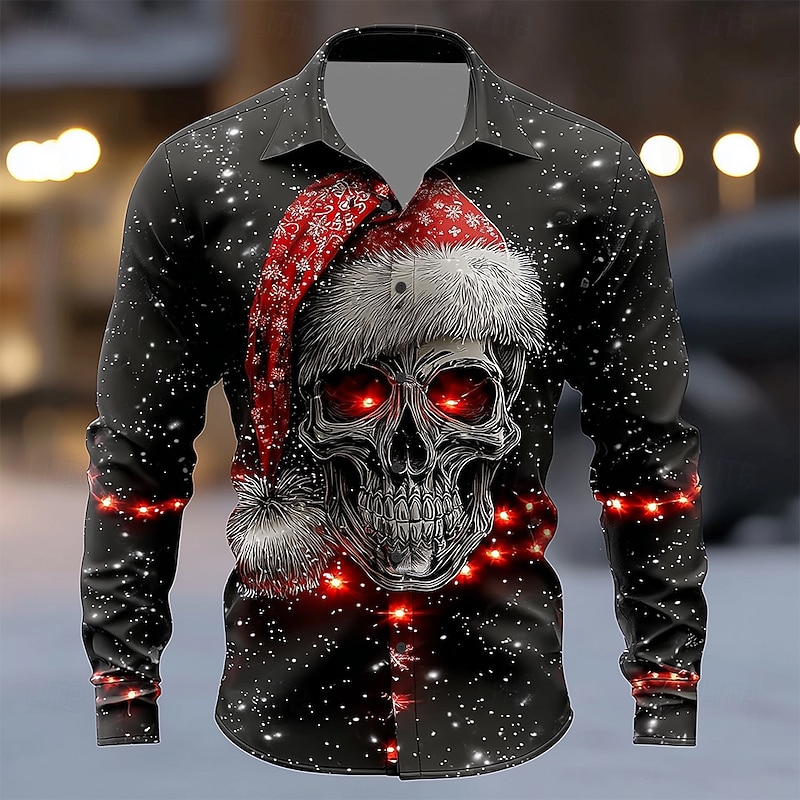 Halloween Men's Skull Christmas Light Christmas Hats Shirt Button Up Shirt Long Sleeve Dark Punk Gothic Style Outdoor Holiday Spring Fall Turndown 3D Print Collared Shirts Black 1 Black Black 23