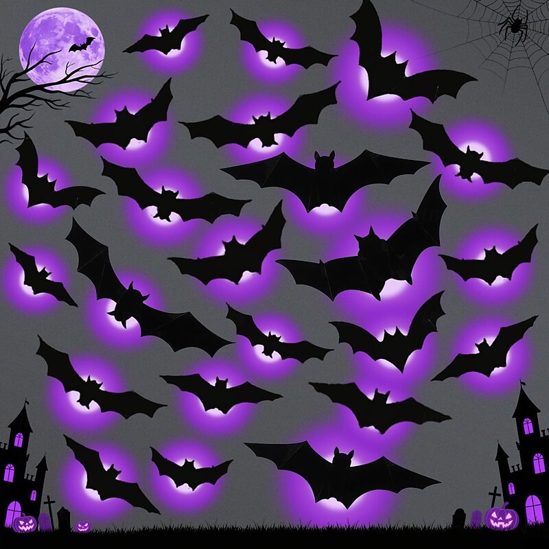 Halloween LED Lighted Bats, Halloween Decor, LED Light Bat Stickers,  Wall Decor, Waterproof for Outdoor, Indoor Scary Decorations, Party Decor