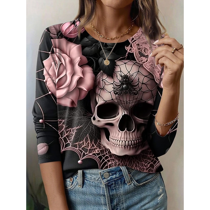 Halloween Women's T Shirt Skulls Graphic Fashion Casual Long Sleeve Crew Neck Round Neck Regular Tops Daily Weekend Print Pink Blue Purple Green Gray Summer Spring Fall