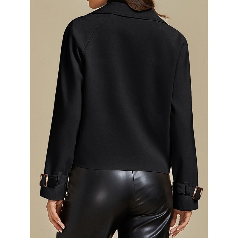 Women's Casual Jacket Comfortable Breathable Pocket Buttons Casual Plain Vacation Street Casual Daily Wear Single Breasted Short Turndown Regular Fit Long Sleeve Outerwear Black Spring Fall2
