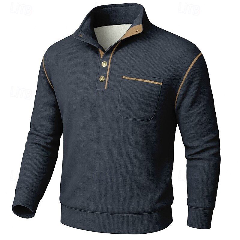 Men's Sweatshirt Corduroy Fleece Sweatshirt Pullover Button Up Hoodie Black Army Green Navy Blue Blue Khaki Standing Collar Plain Patchwork Color Block Textured Sports & Outdoor Casual Daily2