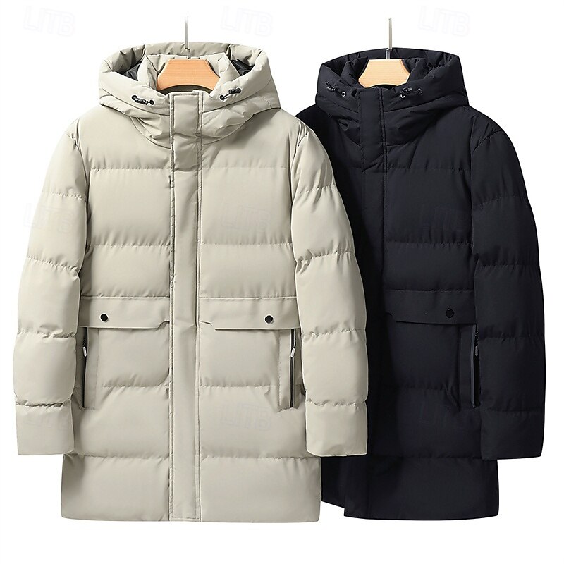 Men's Winter Coat Puffer Jacket Padded Jacket Pocket Polyster Vacation Daily Wear Date Regular Fashion Casual Comfortable Thermal Warm Fall Winter Solid / Plain Color Black Khaki Puffer Jacket