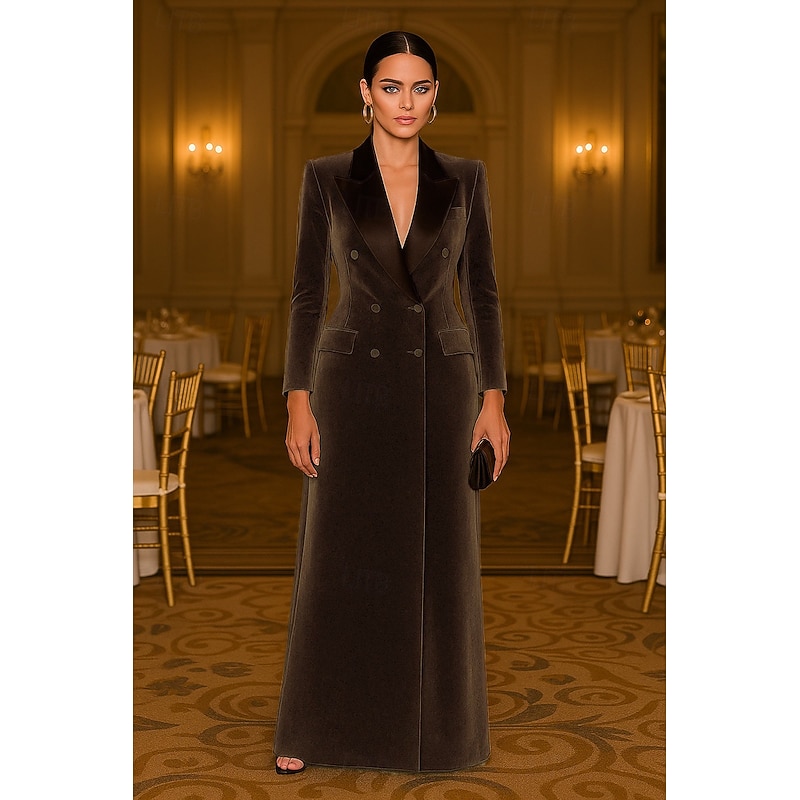 Tuxedo Dress Sheath Formal Wedding Guest Satin Velvet Elegant Long Sleeve Floor Length Peak Lapel Double Breasted