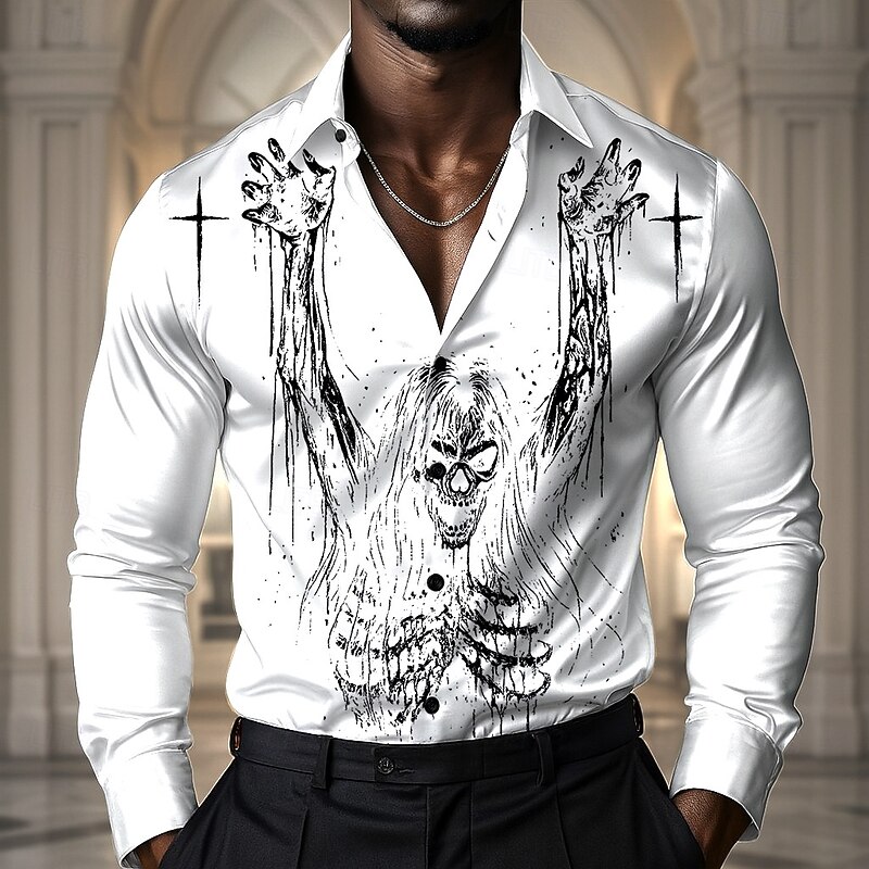 Halloween Men's Skull Skeleton Cross Shirt Satin Shirt Dress Shirt Long Sleeve Dark Gothic Style Outdoor Holiday Summer Spring Fall Turndown 3D Print Button Up Shirts Black White3