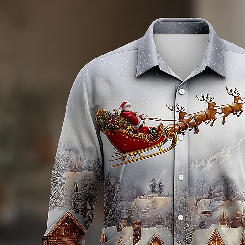 Christmas Men's Santa Claus Reindeer Christmas Costume Shirt Button Up Shirt Long Sleeve Funny Outdoor Holiday Spring Fall Turndown 3D Print Linen Like Shirt Red Beige3