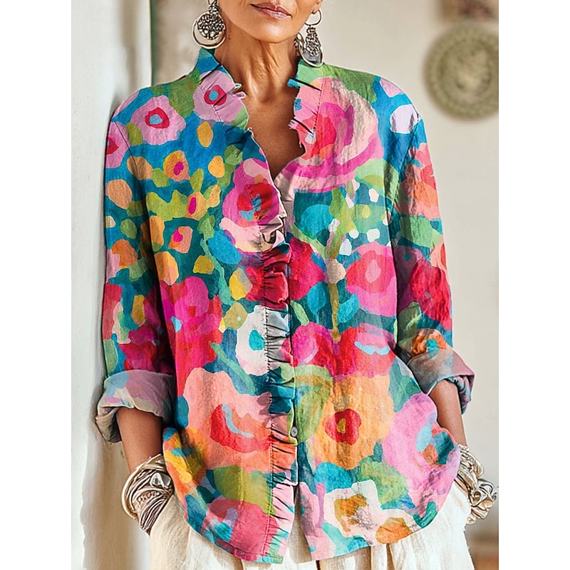 Women's Boho Shirt Floral Graphic Elegant Vintage Daily Long Sleeve V Neck Regular Tops Work Daily Holiday Ruched Ruffle Pink Red Blue Dusty Blue Green Spring Fall