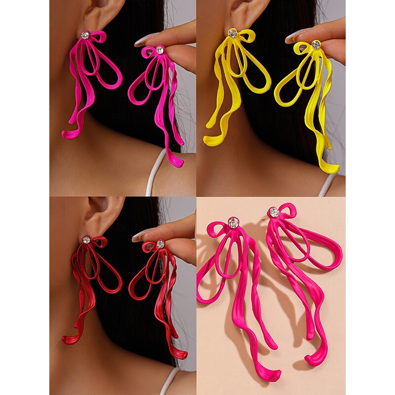 Women's Colorful Ribbon Drop Earrings with Crystal Stud - Bold Statement Jewelry for Parties, Night Out and Fashion Events