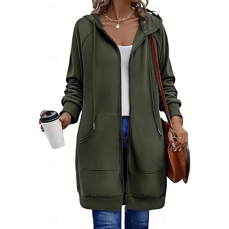 Women's Hoodie Jacket Comfortable Breathable Zipper Pocket Casual Plain Vacation Street Casual Daily Wear Zipper Long Hooded Regular Fit Long Sleeve Outerwear Navy Black White Spring Fall