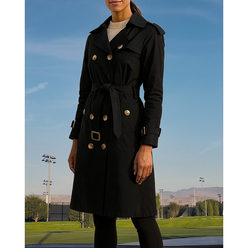 Women's Overcoat with Belt Double Breasted Long Trench Coat Classic Long Sleeve Top Athleisure Fall Solid Colored Cotton Windproof Outdoor Travel Vacation Sportswear Activewear Black Khaki Coffee