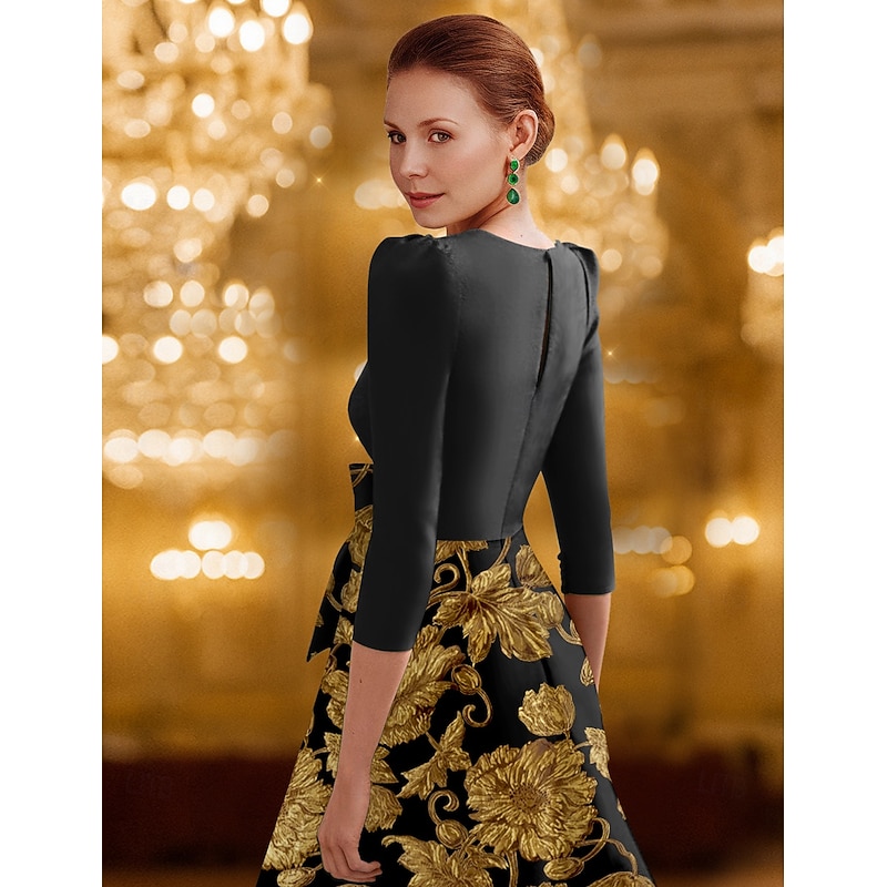 Black and Gold Floral Jacquard A-Line Cocktail Dresses Elegant Formal Dress Formal Wedding Tea Length 3/4 Length Sleeve V Neck Stretch Satin with Bow(s) 20252