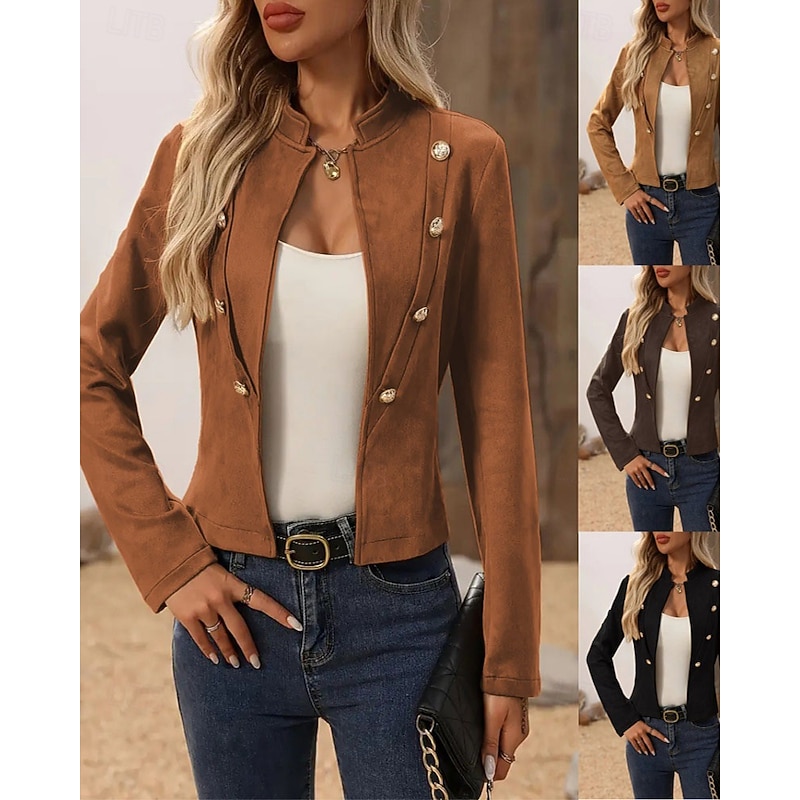 Women's Faux Leather Jacket Warm Comfortable Patchwork Buttons Vintage Casual Plain Vacation Street Casual Daily Wear Short Stand Collar Regular Fit Long Sleeve Outerwear Black Brown Khaki Fall Winter