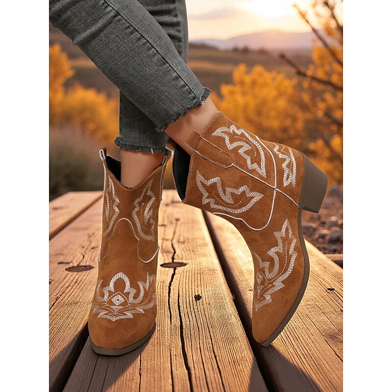 Women's Suede Western Cowboy Ankle Boots with Embroidered Design and Low Block Heel - Vintage Country Style Footwear for Ladies, Perfect for Festivals, Rodeo, Outdoor & Casual Wear3