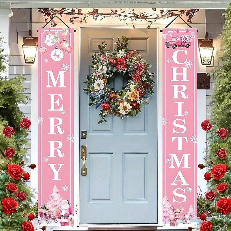 Pink Christmas Door Banner Set 30x180cm, Holiday Front Door Hanging Signs, Xmas Porch Decoration Couplets2