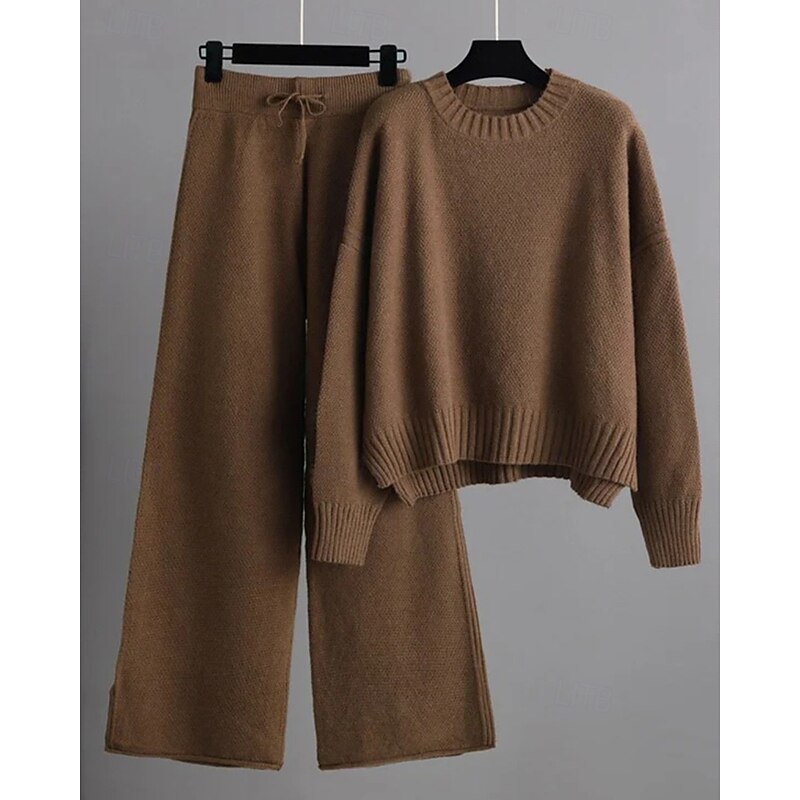 Women's Fashion Streetwear Sweater Pants Sets Bolero Top Long Sleeve Crew Neck Solid Color Drawstring Outdoor Work Casual Black Red Brown Fall Regular Fit