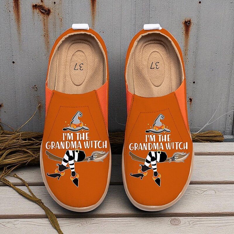 Women's Orange Wide Width Slip-On Casual Shoes with Funny Grandma Witch Print – Comfortable Halloween Footwear for Casual Wear, Walking and Travel3