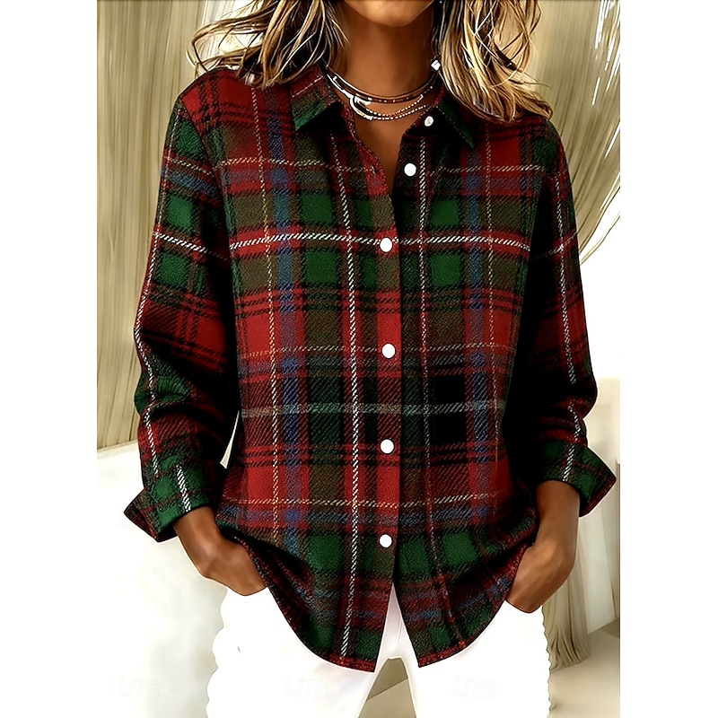 Christmas Women's Shirt Blouse Graphic Plaid Snowflake Vintage Tropical Stylish Long Sleeve Shirt Collar Regular Tops Daily Patchwork Buttons Print Red Camel Green Summer Spring Fall Winter2