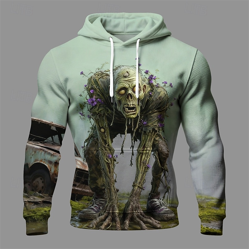 Halloween Men's Monster Hoodie Fashion Daily Hooded Vacation Party Streetwear Green Drawstring Pocket Printing Fall Winter Designer
