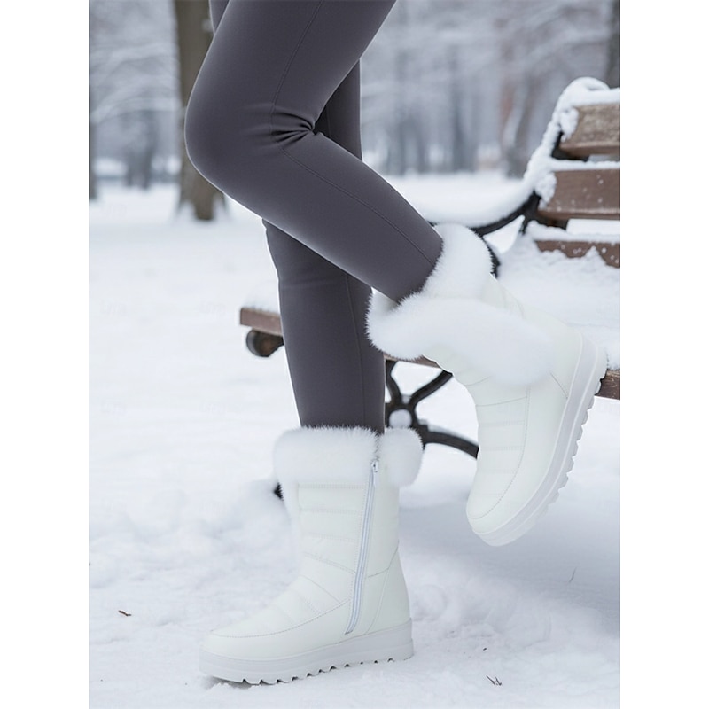 Women's White Waterproof Snow Boots with Faux Fur Trim, Warm Insulated Lining, Non-Slip Sole, and Zip Closure – Perfect for Winter Outdoor Activities
