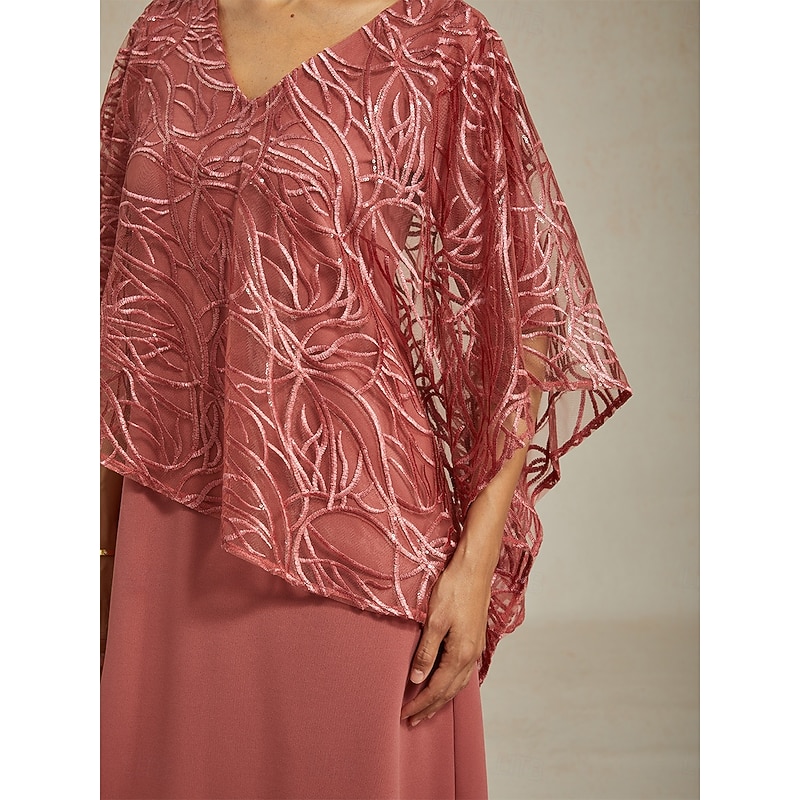 Women's Tea Length Chiffon Dress Elegant Party Solid Color Half Sleeve V Neck Pink Summer Spring4