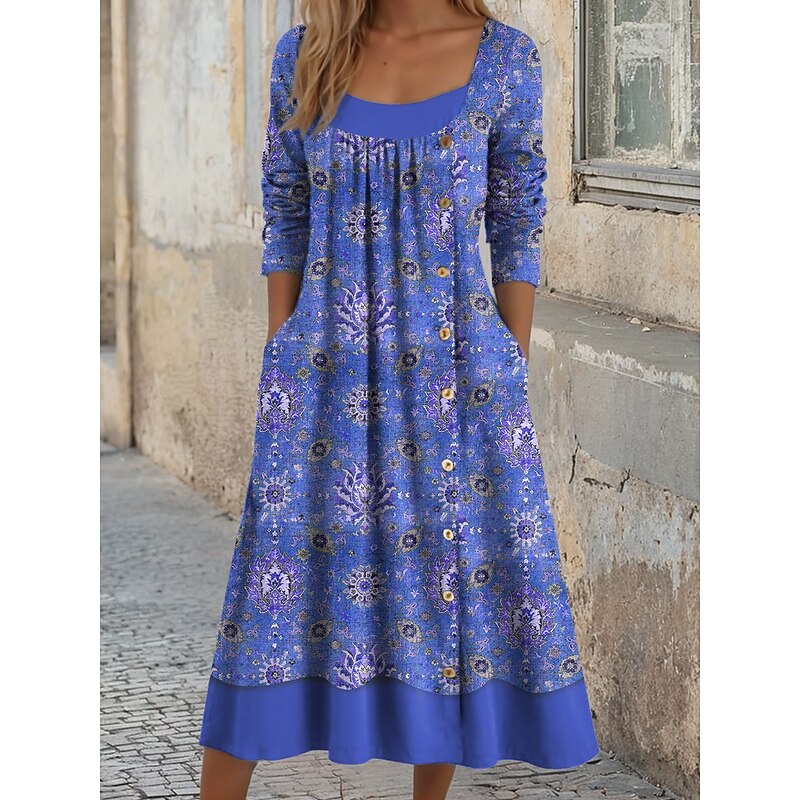 Women's Midi Dress Shift Dress A Line Dress Casual Daily Regular Fit Graphic Geometric Long Sleeve Square Neck Blue Purple Orange Green Fall Winter2