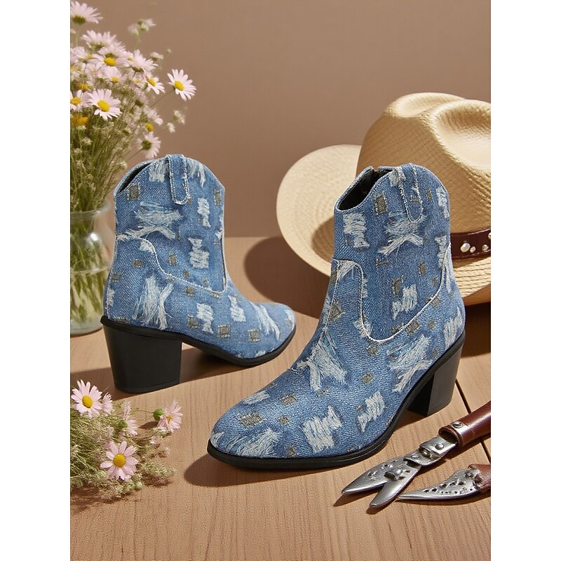 Women's Distressed Denim Blue Ankle Boots – Western Cowboy Chunky Heel Fashion Shoes for Rodeo, Festivals and Casual Outfits
