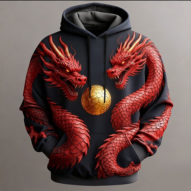 Men's Dragon 3D Print Hoodie Sweatshirt Cool Party Crew Neck Club Streetwear Black Black 2 Drawstring Fall Winter Designer2