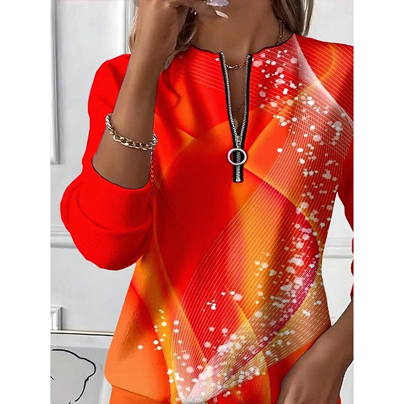 Women's Pullover Sweatshirt Zip Up Sweatshirts Graphic Geometric Color Block Fashion Casual Long Sleeve Crew Neck Regular Tops Street Dailywear Patchwork Zipper Print Red Fall Winter2