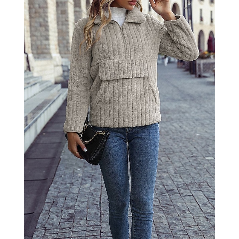 Women's Pullover Sweatshirt Plain Casual Long Sleeve Turtleneck Regular Tops Street Holiday Half Zipper Quarter Zipper Zipper Pocket Khaki Fall Winter3