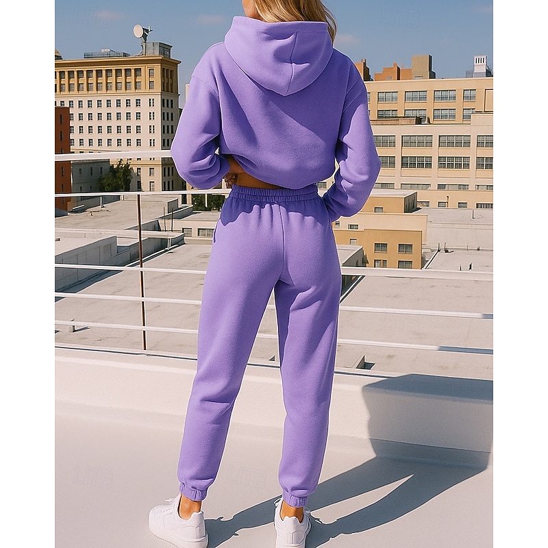 Women's 2 Piece Tracksuit Lounge Hoodie Sweatsuit Sets Solid Colored Clothing Suit Fall Black White Workout Outdoor Travel High Waist Lightweight Fashion Long Sleeve Sport Activewear Micro-elastic2