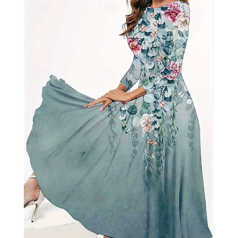 Women's Long Dress Maxi Dress Boho Dress Elegant Vintage Fashion Outdoor Party Daily Regular Fit Graphic Butterfly Long Sleeve Crew Neck Aqua Blue Yellow Pink Blue Spring Autumn4