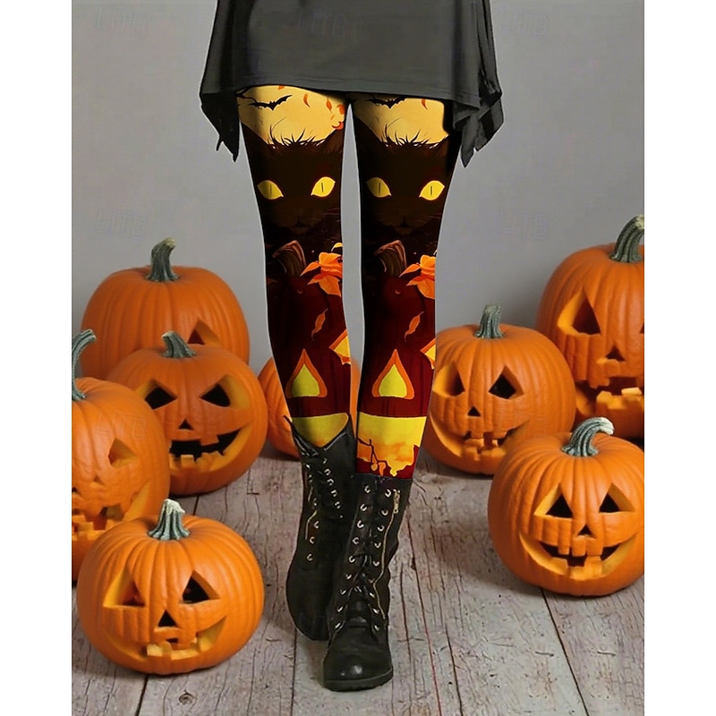 Women's Pants Trousers Leggings Cozy Leggings Streetwear Casual Full Length High WaistPantsHalloween Cat Elastic Waist Print Breathability Comfortable Stretchy Vacation Street Daily Wear Yellow
