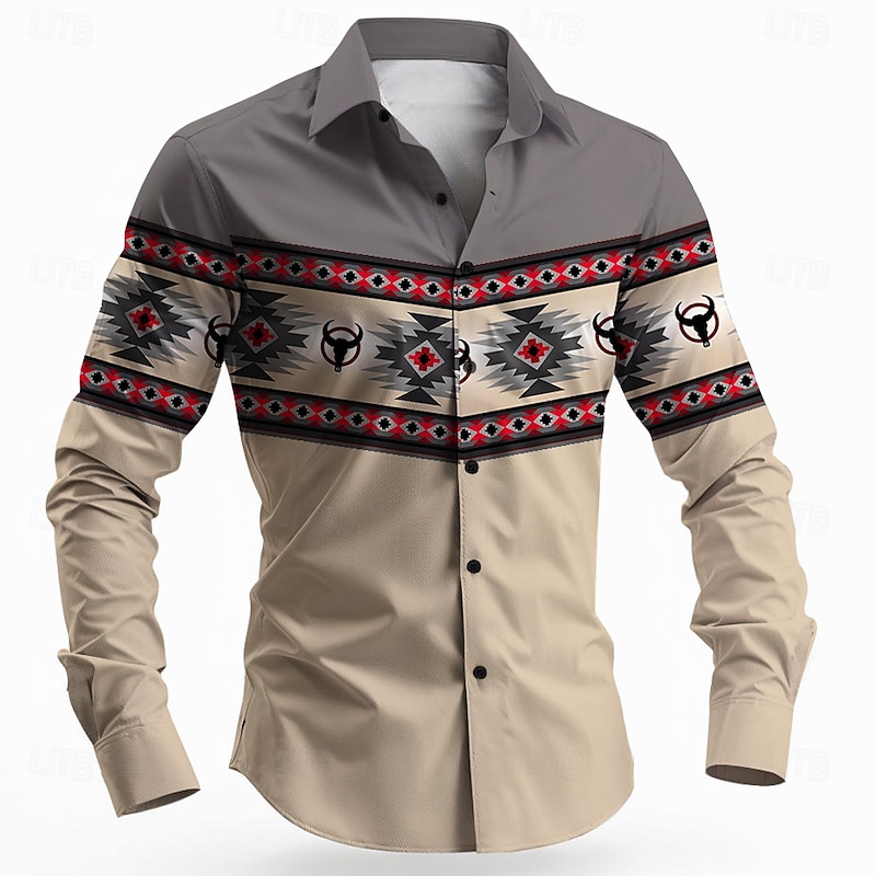 Men's Aztec Bull Ethnic Shirt Button Up Shirt Long Sleeve Vintage Retro Outdoor Casual Spring Fall Turndown 3D Print Collared Shirts Red Green Gray3