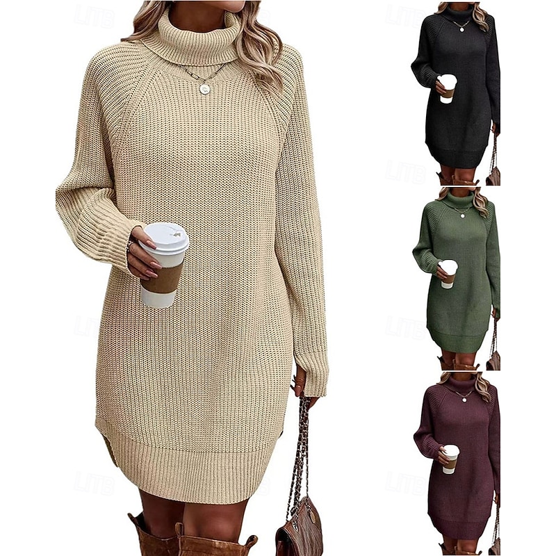 Women's Mini Dress Sweater Dress Fashion Modern Daily Holiday Going out Regular Fit Plain Long Sleeve Turtleneck Black White Army Green Fuchsia Fall Winter